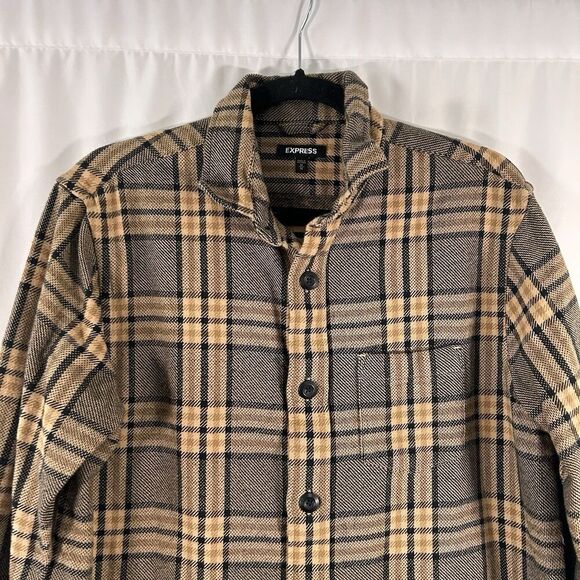 Express Flannel Shirt Women's Medium Brown Plaid Button Up Long Sleeve - Picture 2 of 7